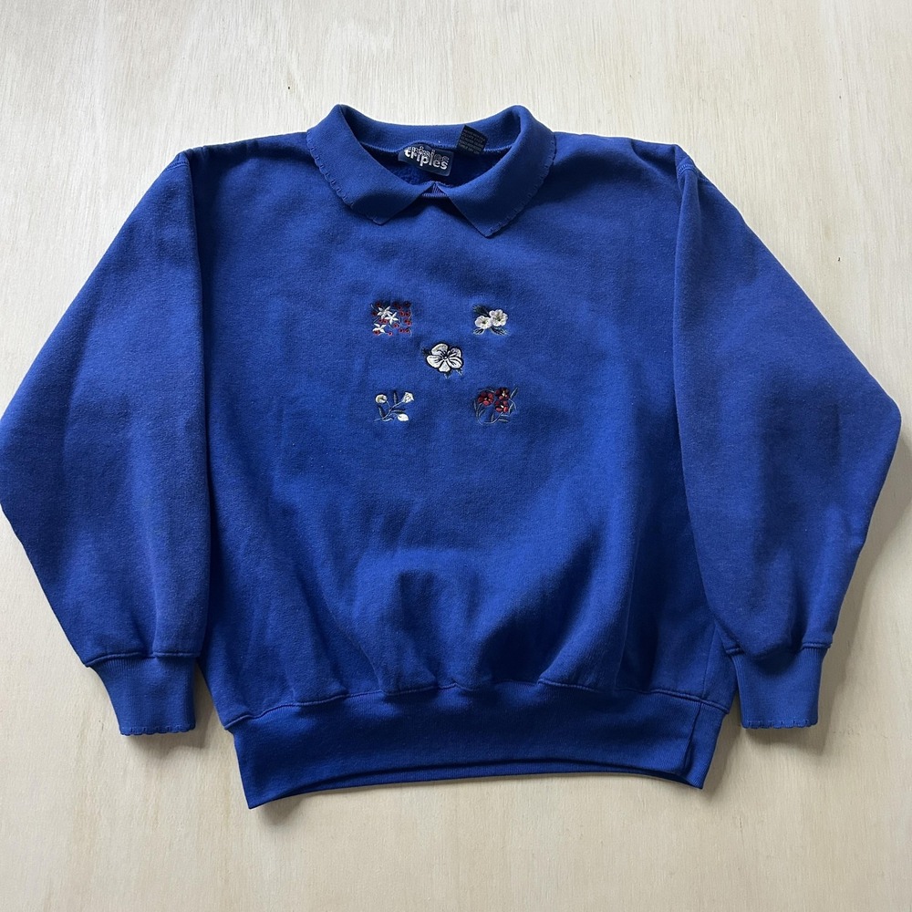 Vintage‎ Triples Sweater Womens Medium Blue Collared Fleece Embroidered Floral
